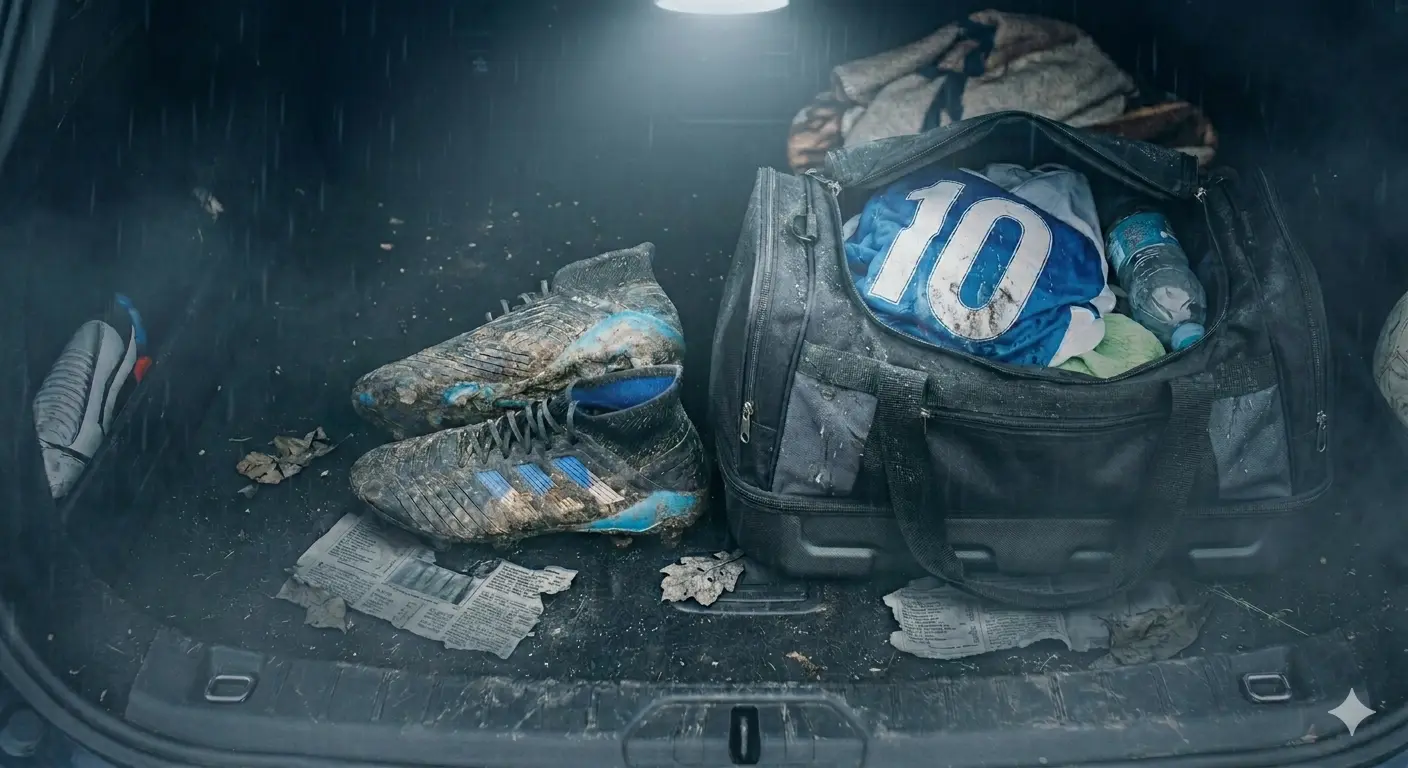 Immagine di un bagagliaio di una macchina con all'interno un borsone e delle scarpe da calcio sporche