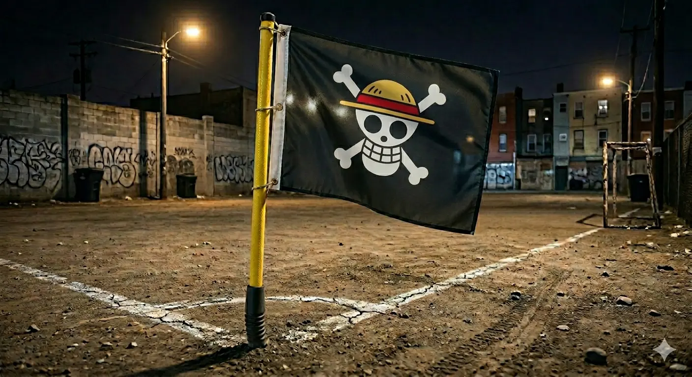 Bandierina con il logo dei pirati su un campo da calcio sterrato