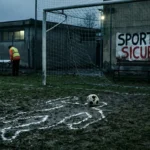 Campo da calcio dilettantistico con scritta Sport in Sicurezza e operatori sanitari - sicurezza sport dilettantistico Italia