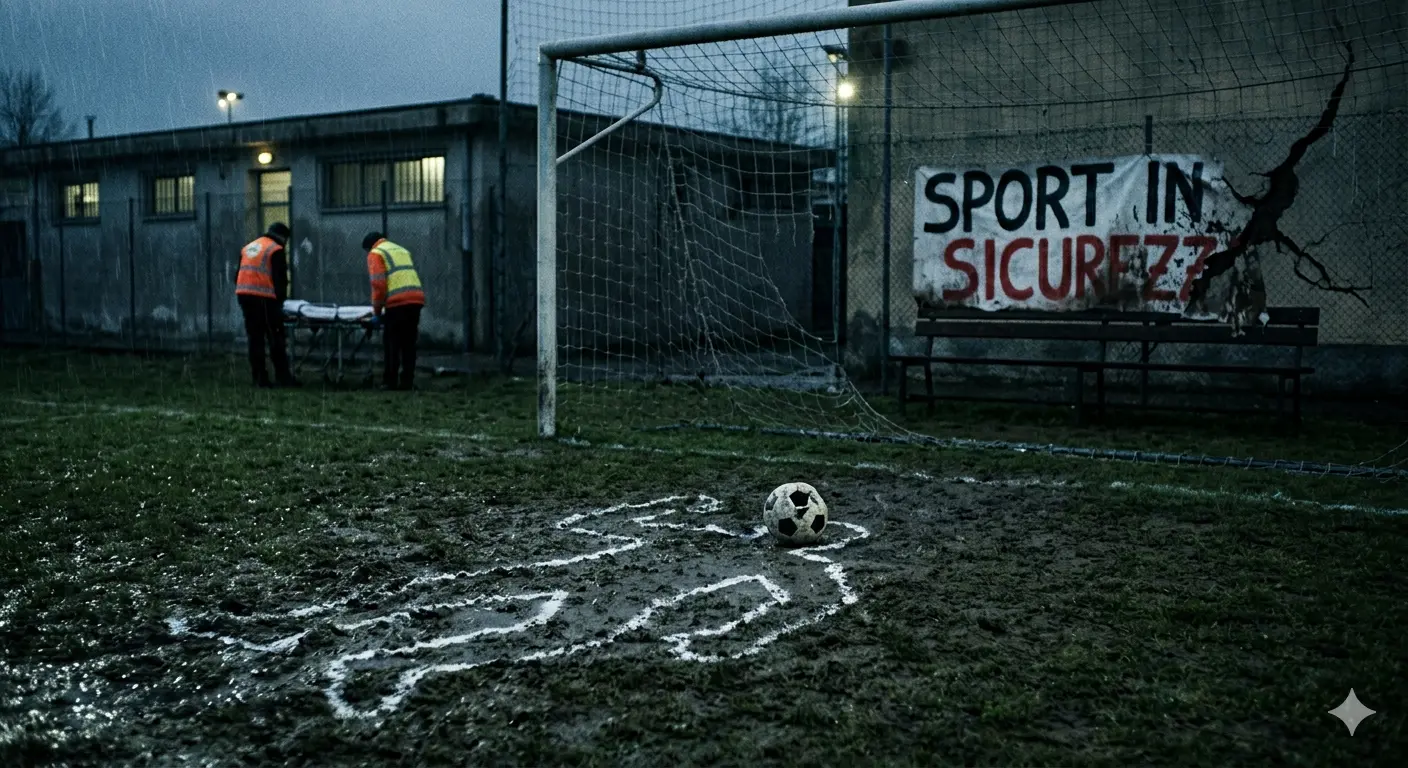 Campo da calcio dilettantistico con scritta Sport in Sicurezza e operatori sanitari - sicurezza sport dilettantistico Italia