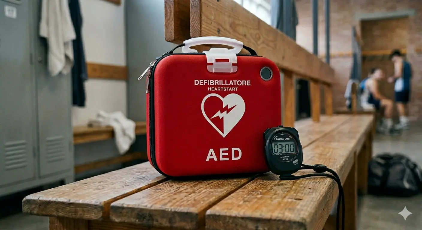 Immagine di un defibrillatore ed un cronometro sopra una panchina all'interno di uno spogliatoio