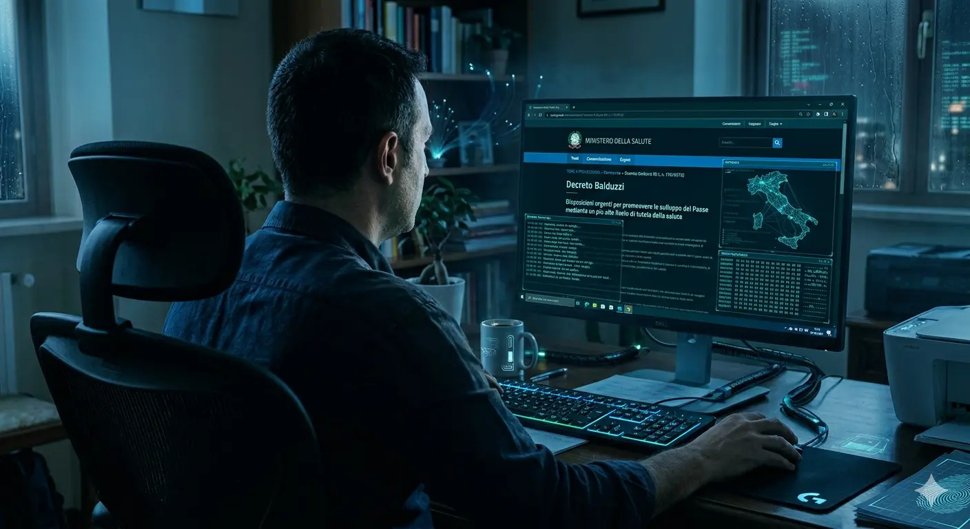 Genitore al computer che visita il sito del ministero della salute sulla pagina del decreto Balduzzi