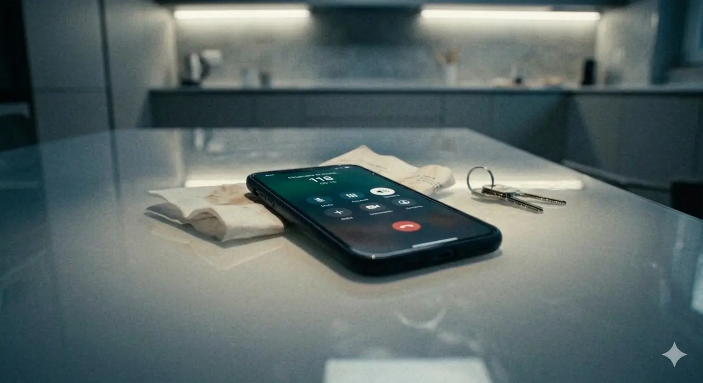 Smartphone sul tavolo durante una chiamata di emergenza al 118